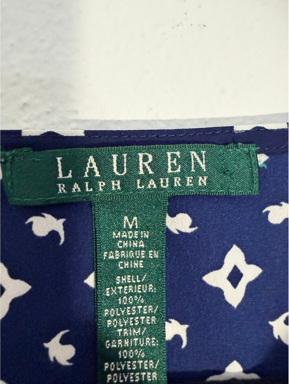 Lauren Ralph Lauren Blue White Geometric Print Long Sleeve Blouse Size M - Picture 4 of 6